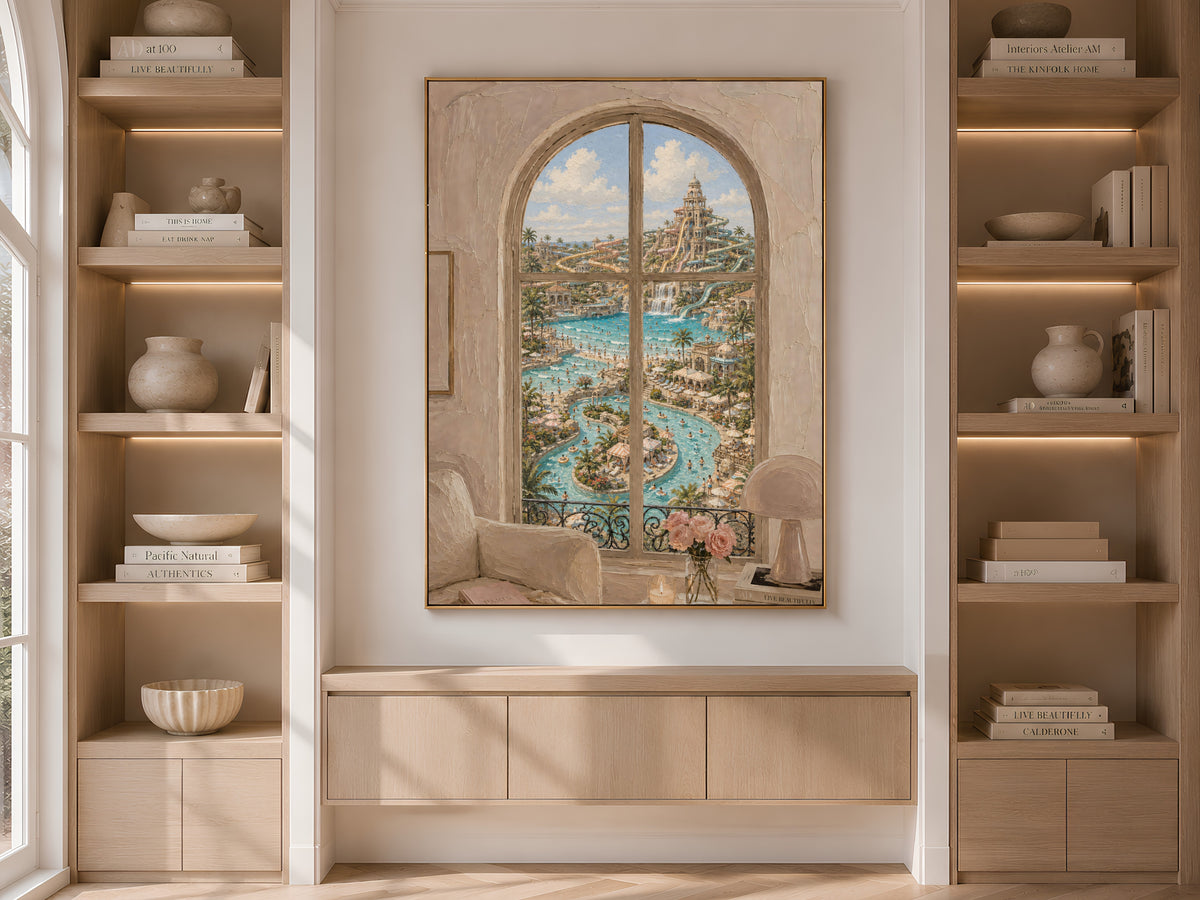 Water Park Window Wall Art, Resort Pool View Print - Digital Download