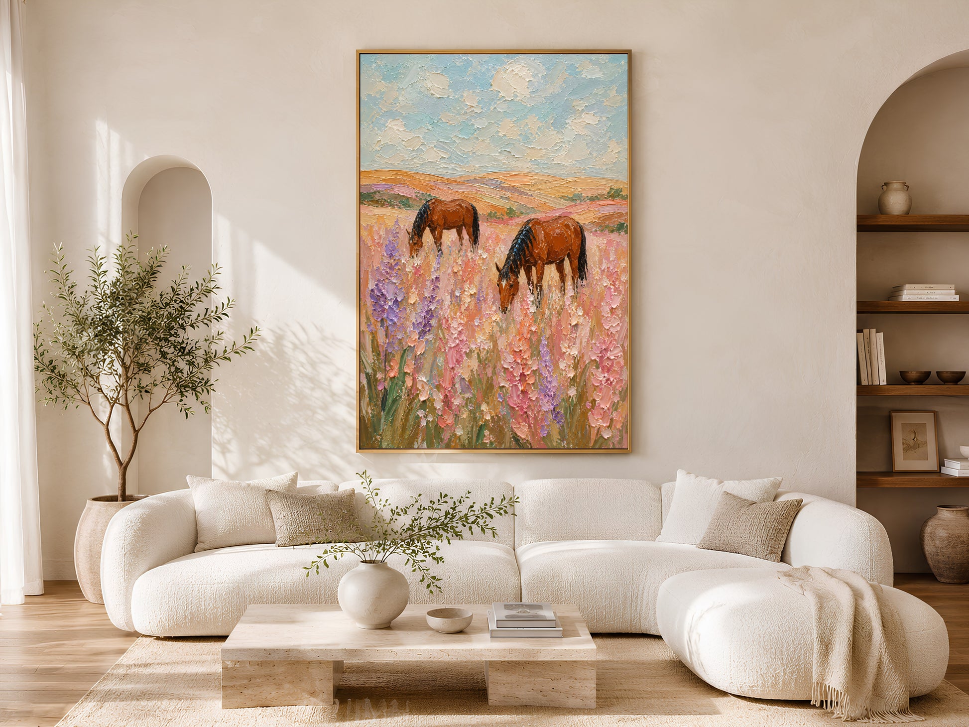Two chestnut horses in a pink and lavender wildflower field impasto painting in a gold frame above a curved white sofa in a bright Scandinavian living room with warm wood coffee table and natural light
