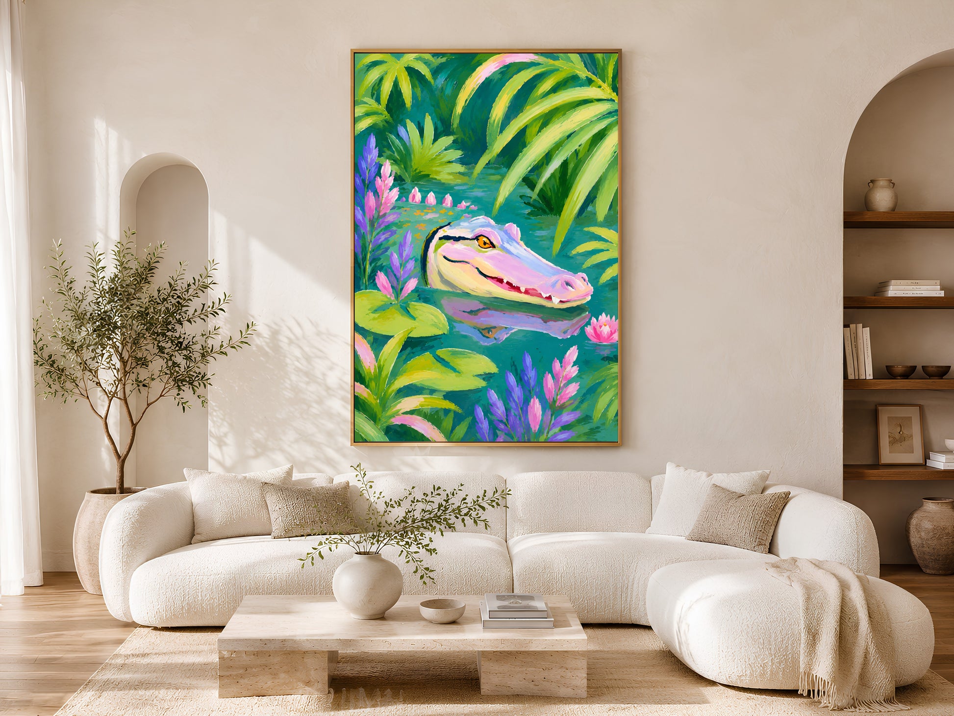 Colorful alligator print in a gold frame hanging above a curved white sofa in a bright minimalist living room with arched doorway and natural light
