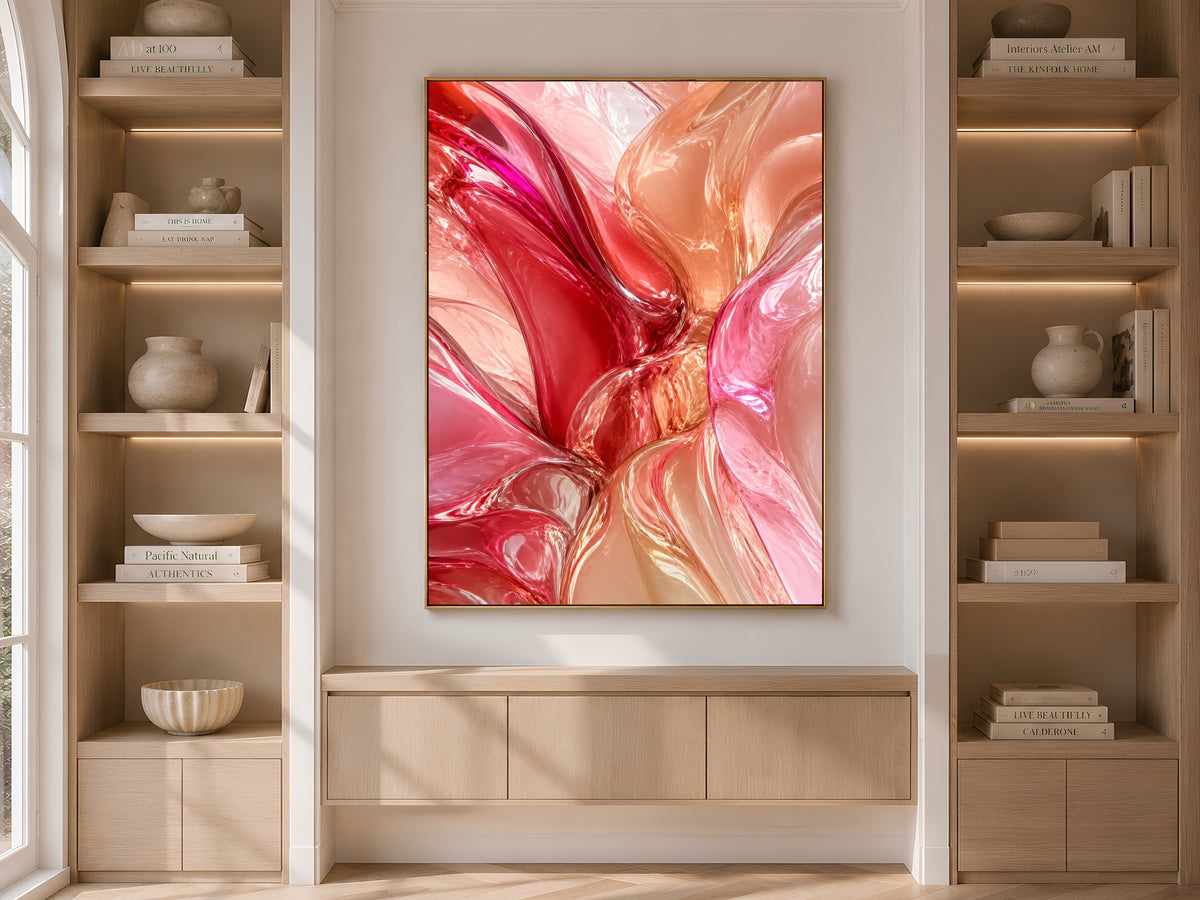 Liquid Glass Abstract Wall Art, Pink Coral 3D Render Print - Digital Download