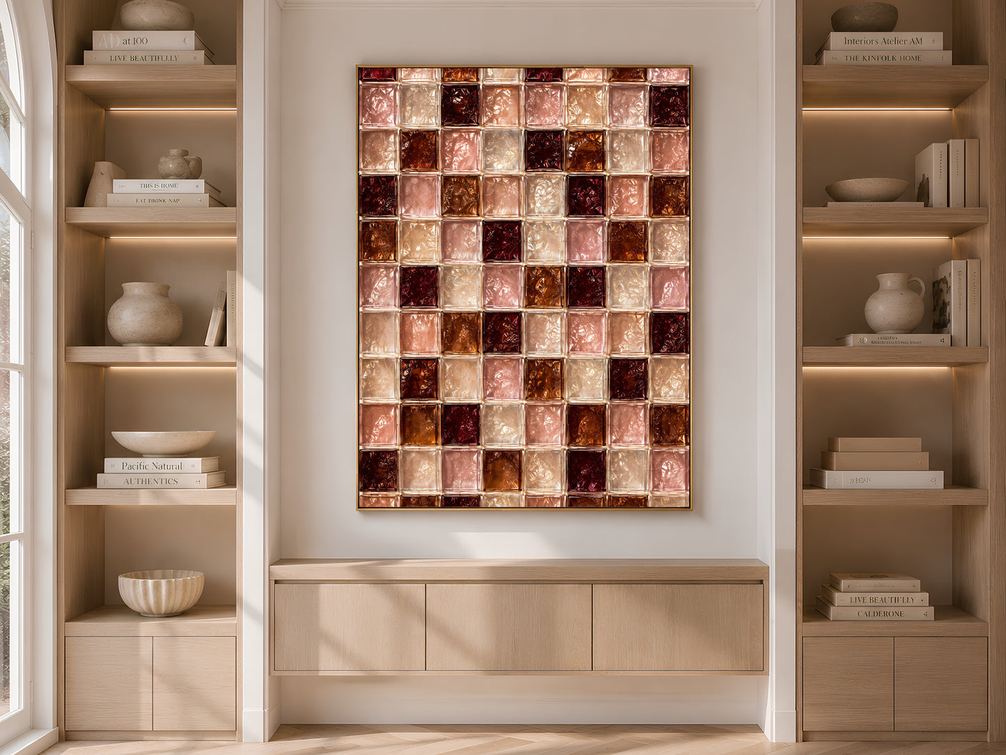 Blush and wine glass tile print framed on a built-in bookshelf in a neutral living room