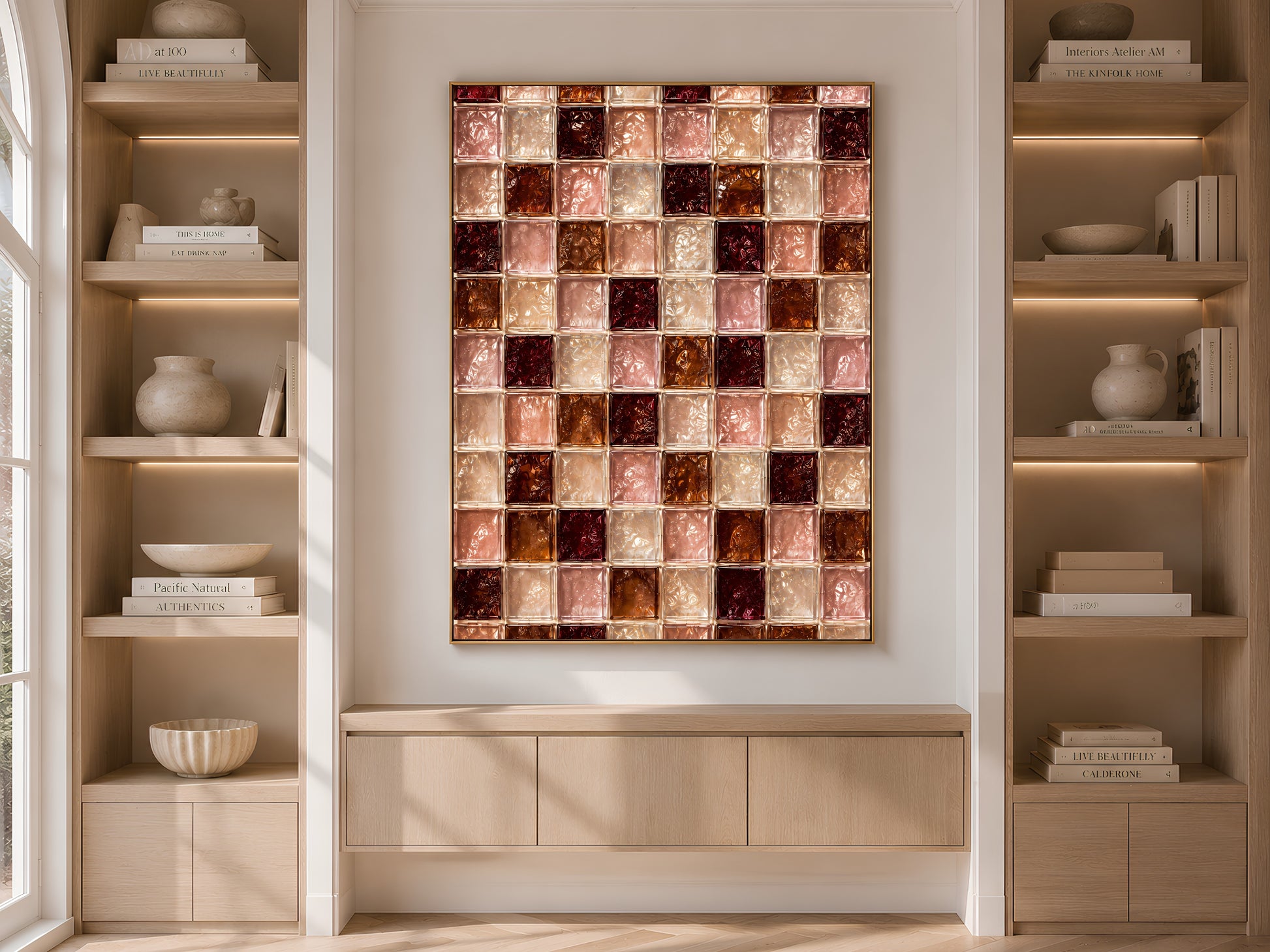 Blush and wine glass tile print framed on a built-in bookshelf in a neutral living room
