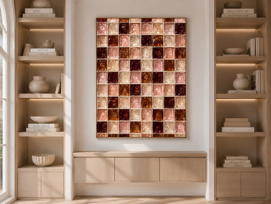 Blush and wine glass tile print framed on a built-in bookshelf in a neutral living room