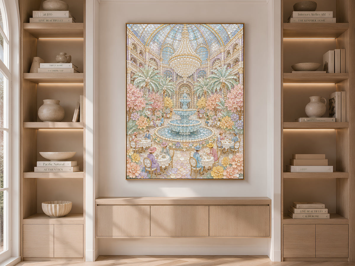 Pastel Garden Courtyard Wall Art, Whimsical Mosaic Fountain Print - Digital Download