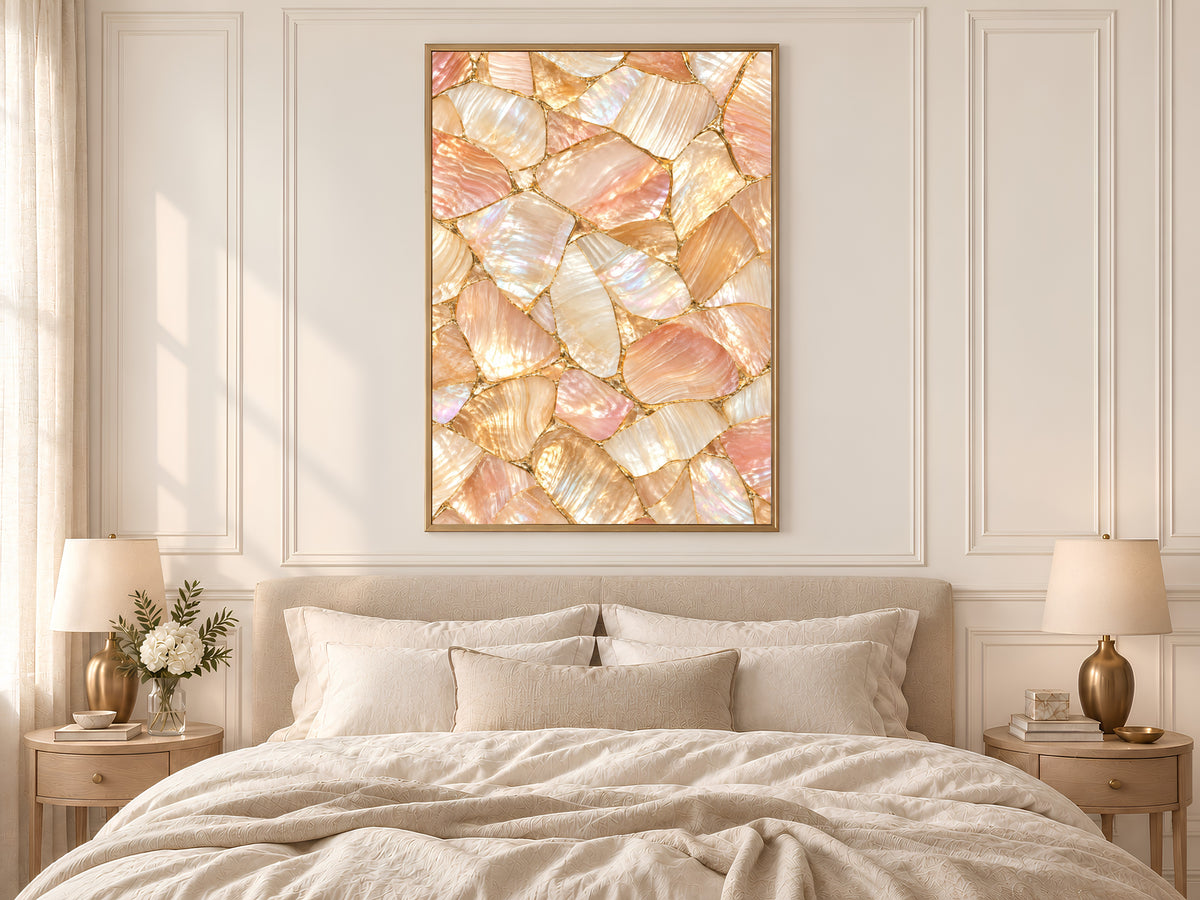 Peach Mother of Pearl Wall Art, Apricot Shell Mosaic Print, Gold Kintsugi, Warm Blush Bedroom Decor, Riviera Summer Poster, Instant Download