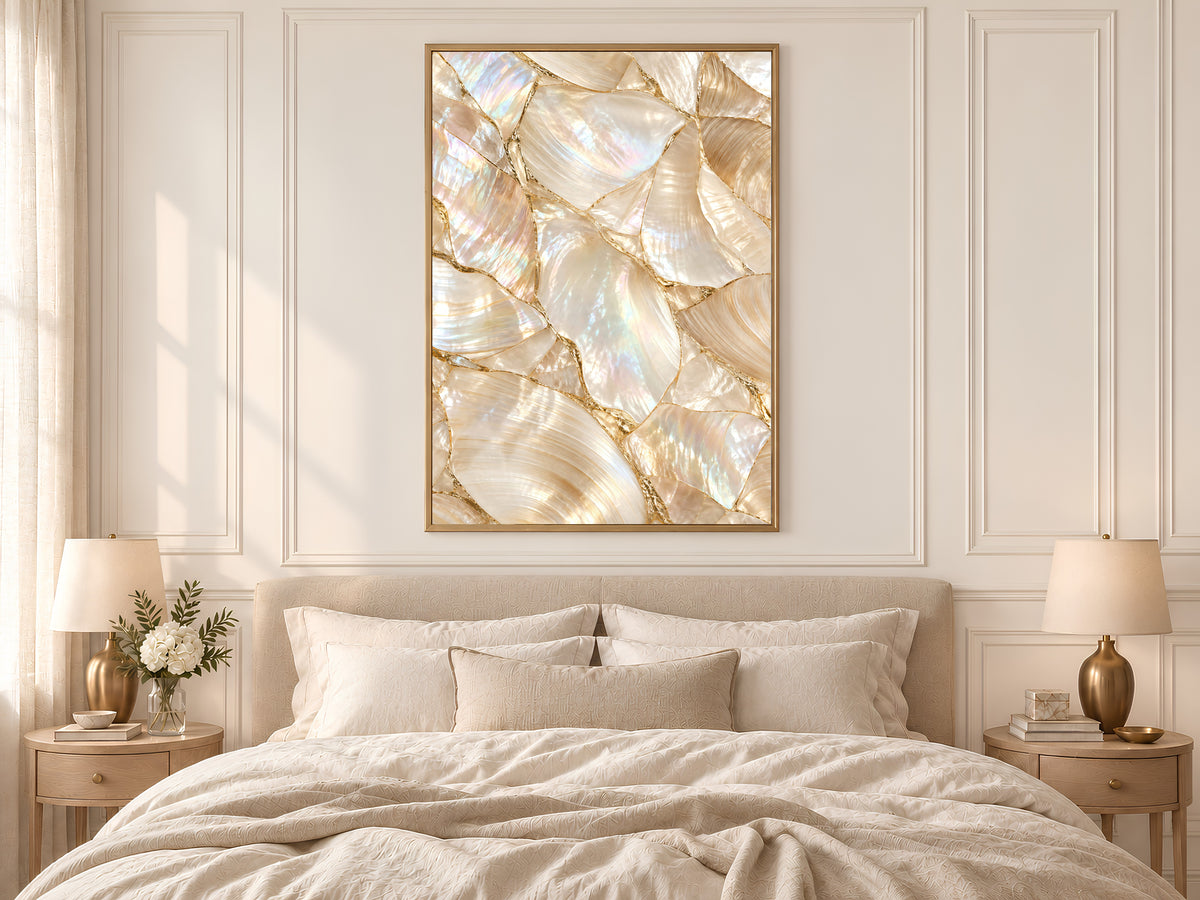 Mother of Pearl Wall Art, Iridescent Shell Print, Gold Kintsugi Coastal Decor, Pearlcore Bathroom Poster, Neutral Printable Instant Download