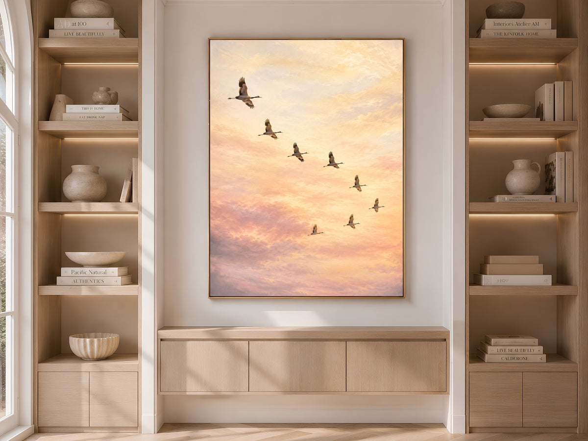 Flying Cranes Wall Art, Sunset Sky Print, Ethereal Pastel Bedroom Decor - Digital Download