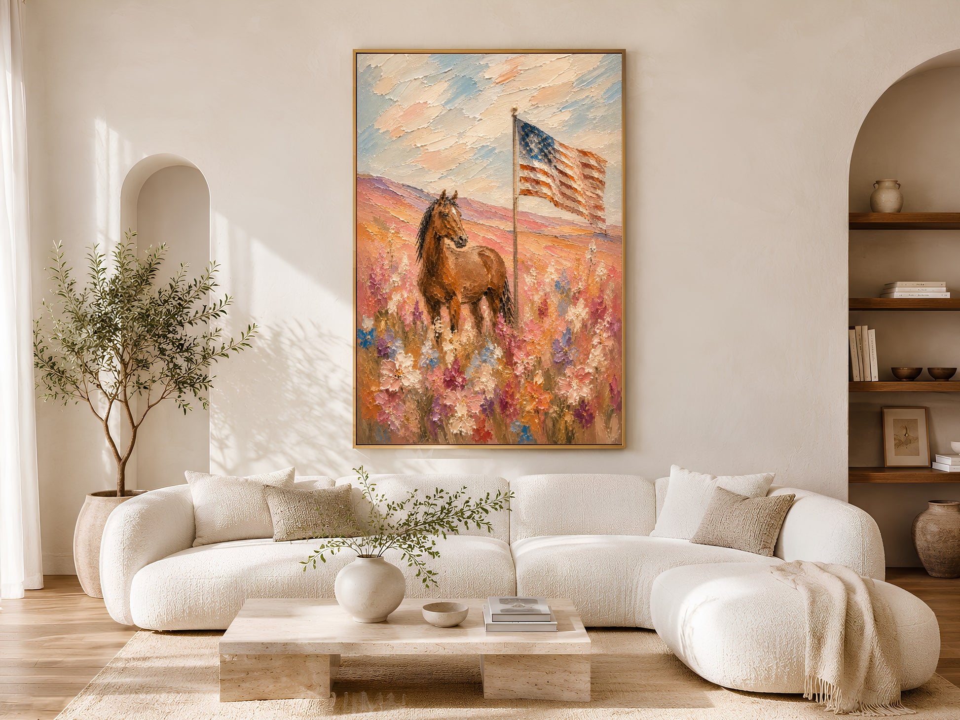 Western patriotic horse and American flag impasto painting in a gold frame above a curved white sofa in a bright Scandinavian living room with arched shelving, neutral cushions, and warm natural light
