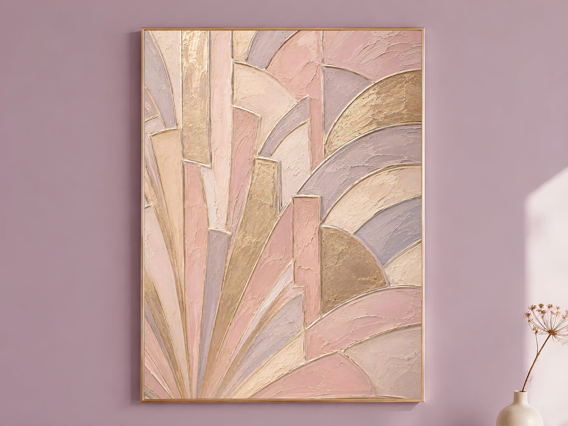 Art deco sunburst wall art print in gold frame on mauve wall, blush pink and gold painting
