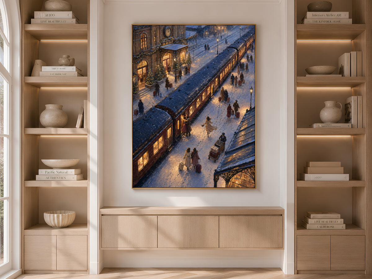 Vintage Christmas train station art framed on built-in bookshelf in neutral room