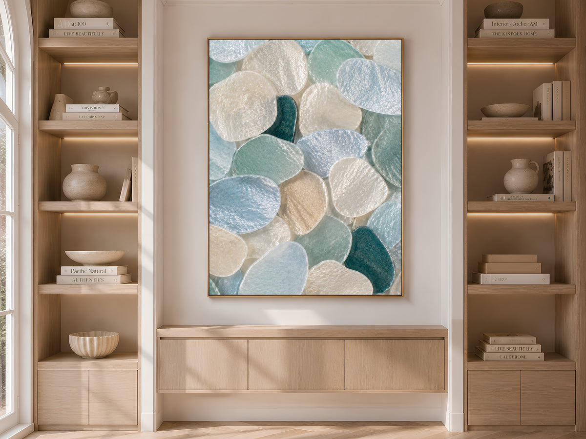Teal Sea Glass Capiz Shell Wall Art, Deep Blue Ombre Print - Digital Download