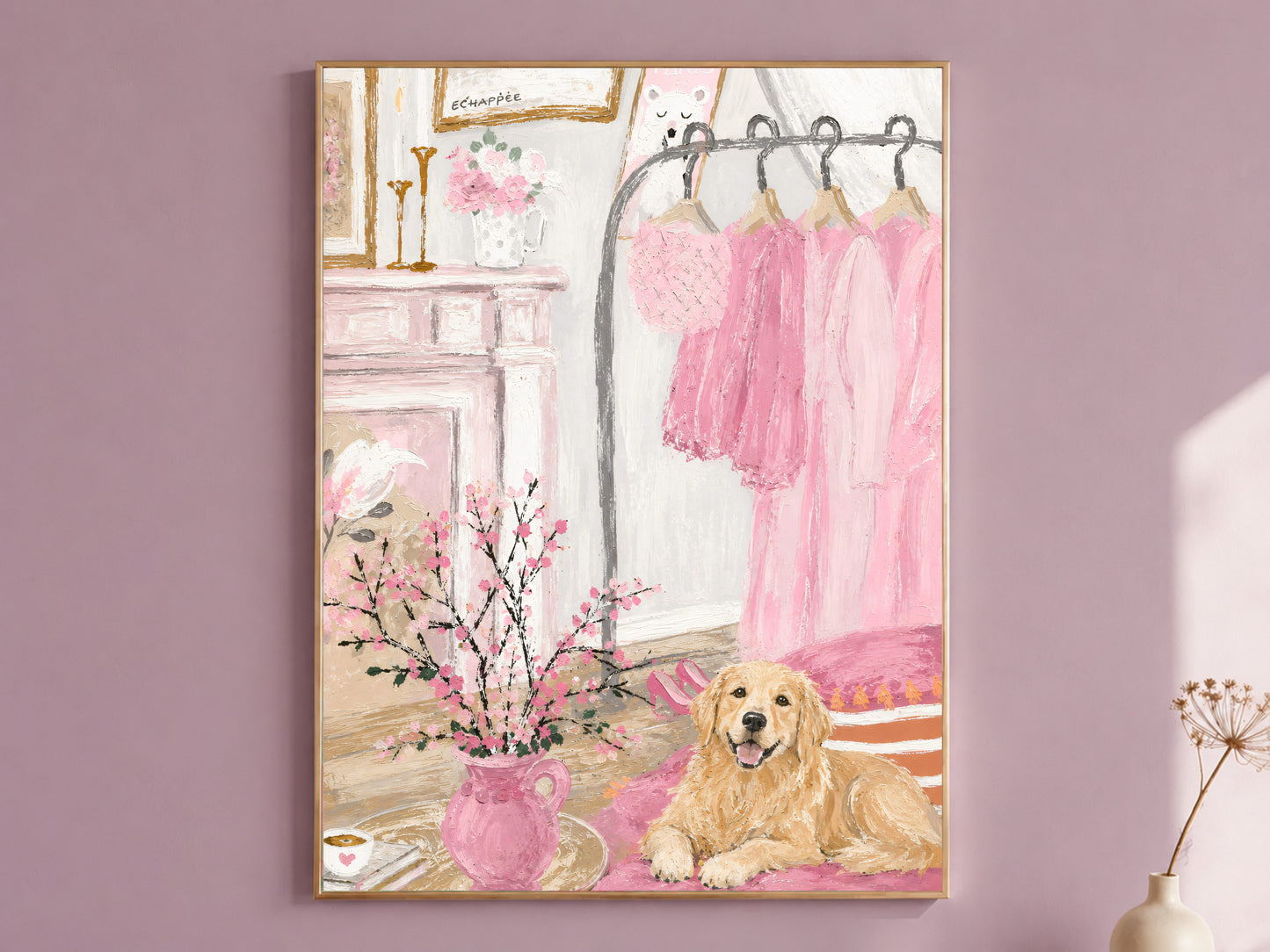 Golden retriever wall art print, pink dressing room coquette bedroom decor digital download