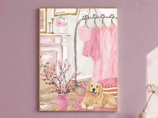 Golden retriever wall art print, pink dressing room coquette bedroom decor digital download