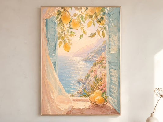 Italian lemon window oil painting in gold frame leaning against a white wall with dried florals