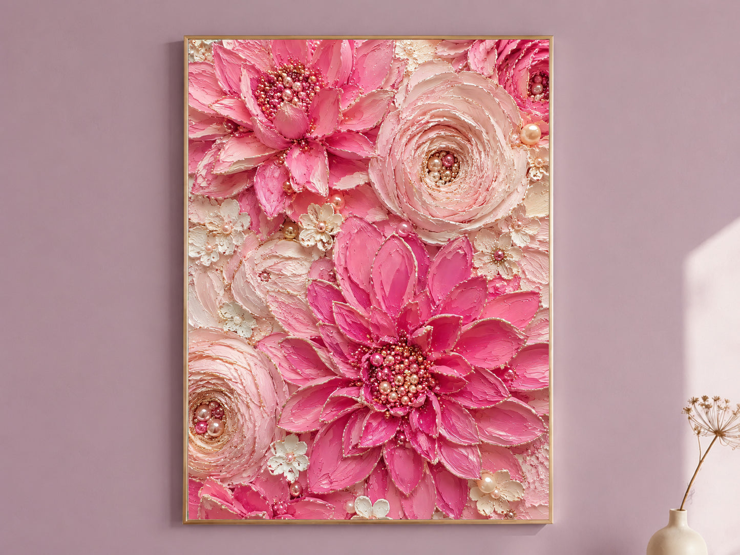 Hot pink dahlia wall art in gold frame hanging on dusty mauve wall