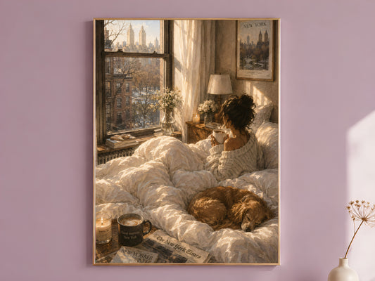 Framed cozy New York bedroom illustration print with coffee, Central Park view, and a sleeping golden retriever