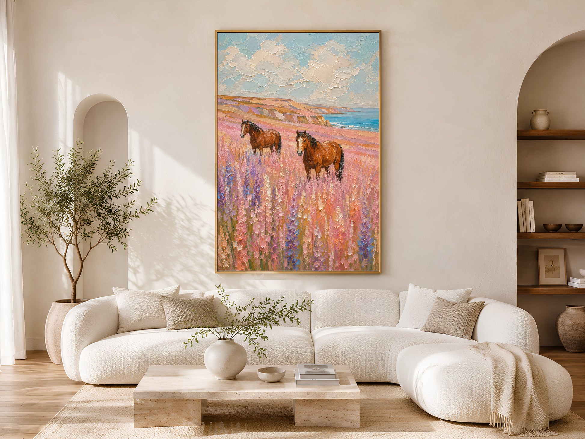 Two chestnut horses in a lavender coastal meadow impasto painting in a gold frame above a curved white sofa in a bright Scandinavian living room with warm wood coffee table and arched doorway
