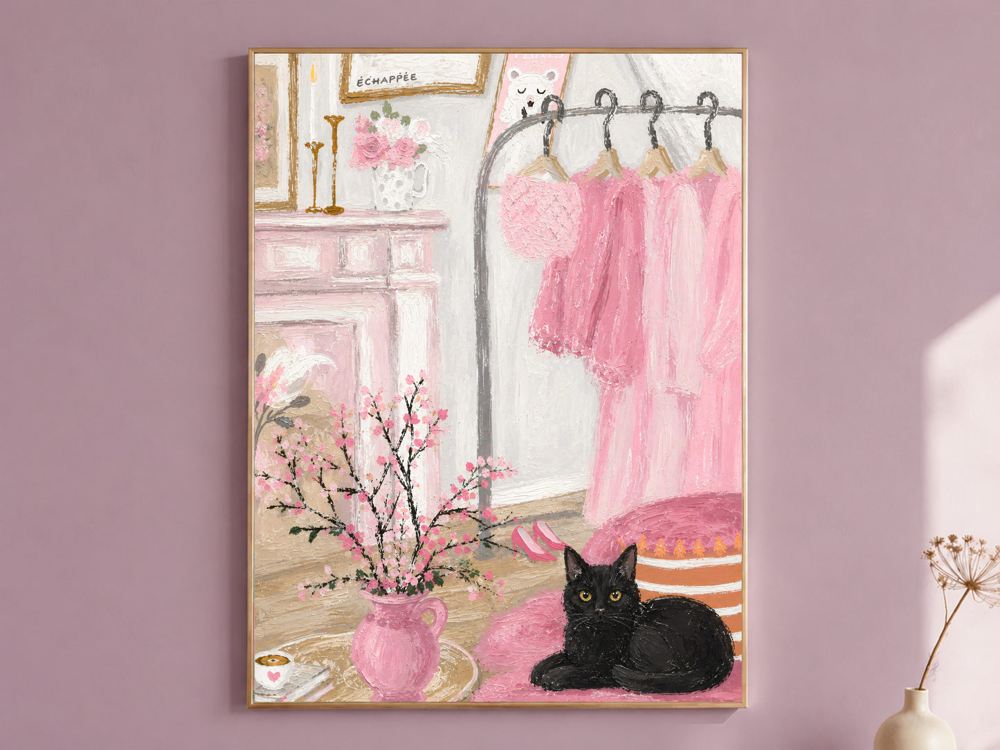 Pink dressing room wall art print with black cat, coquette bedroom decor digital download
