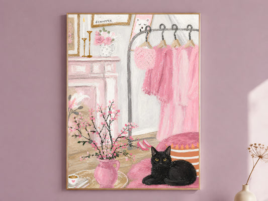 Pink dressing room wall art print with black cat, coquette bedroom decor digital download
