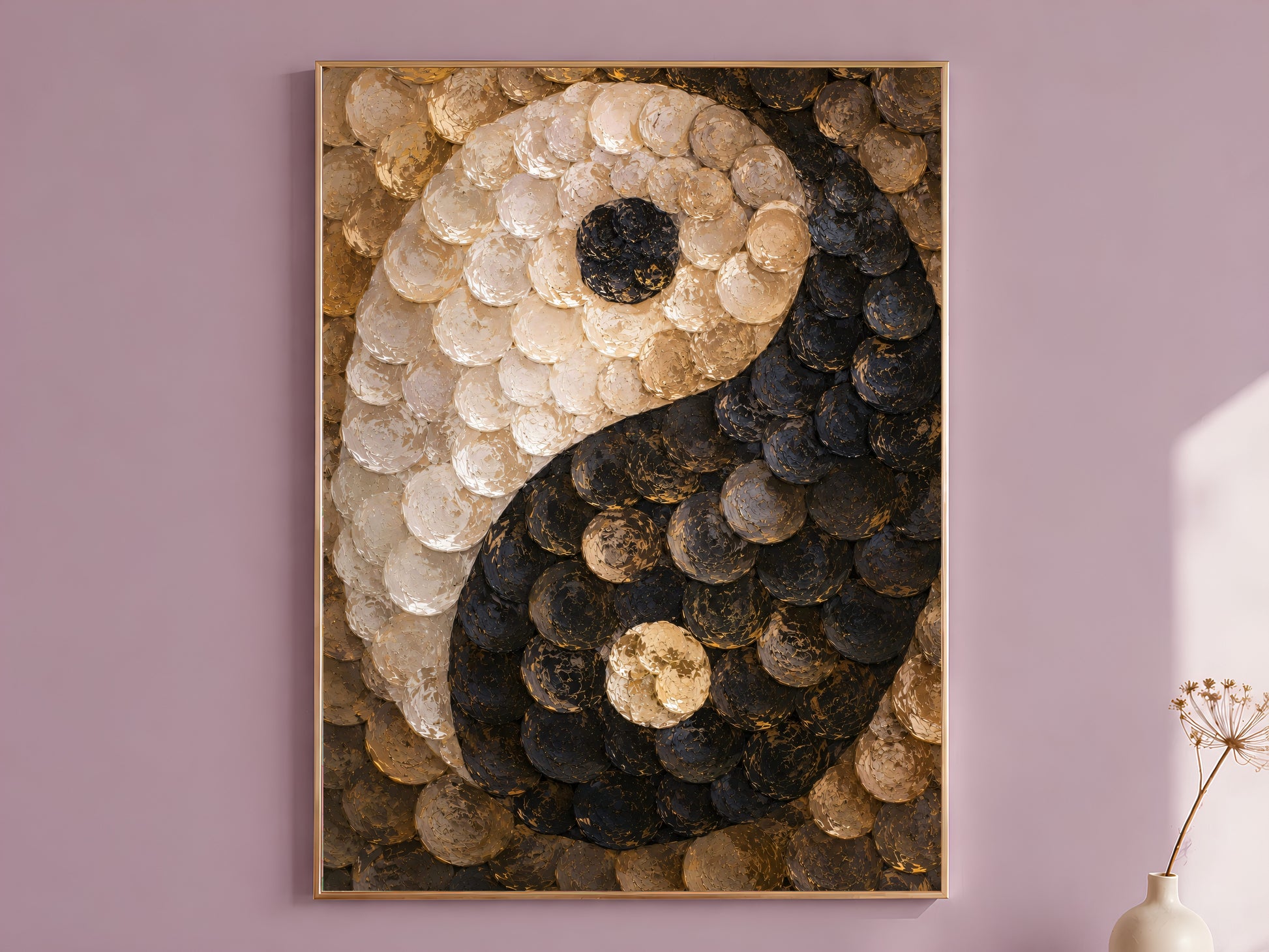 Capiz shell yin yang wall art in gold frame on mauve wall with dried flowers
