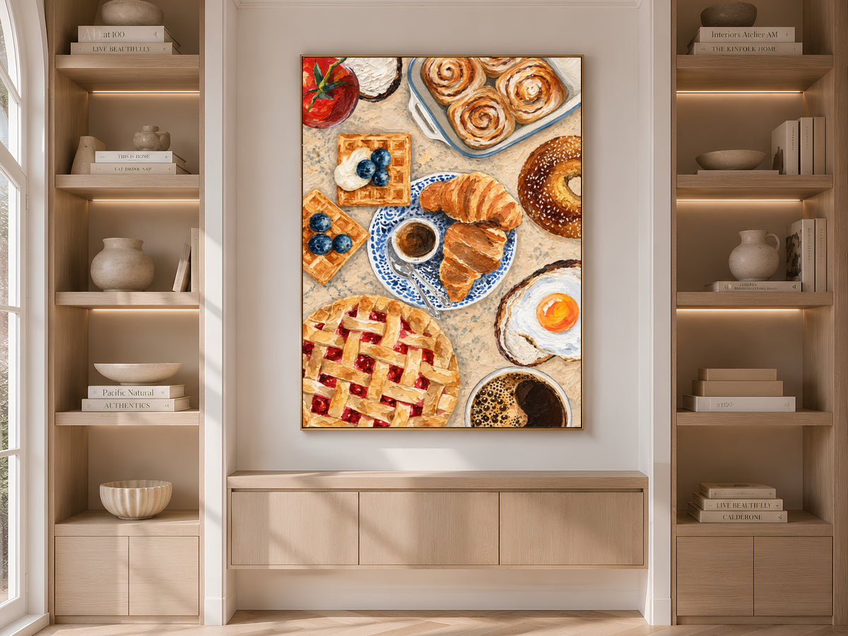 Brunch flat lay print displayed between styled bookshelves