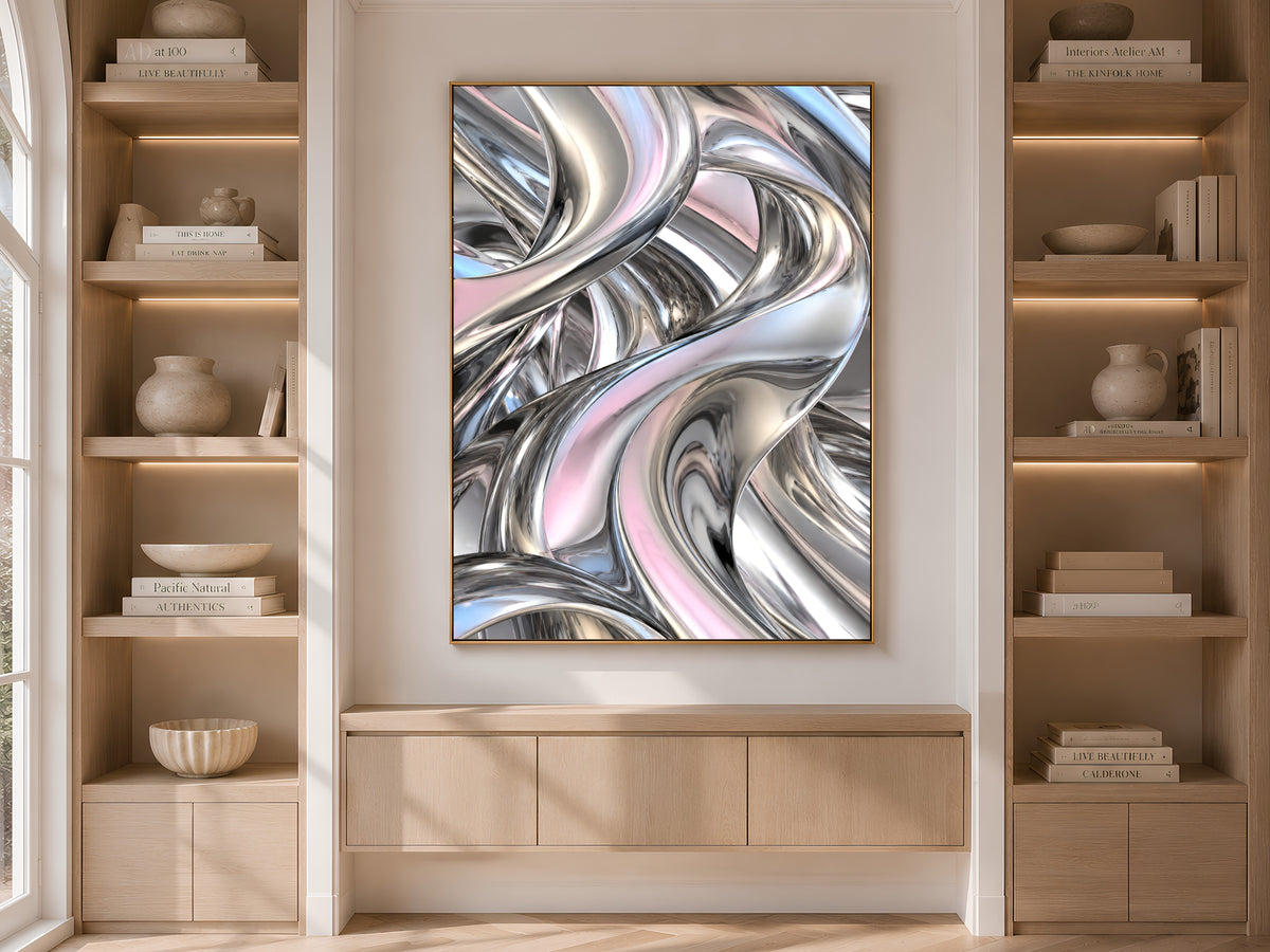 Chrome Liquid Metal Wall Art, Silver Iridescent 3D Abstract Print - Digital Download