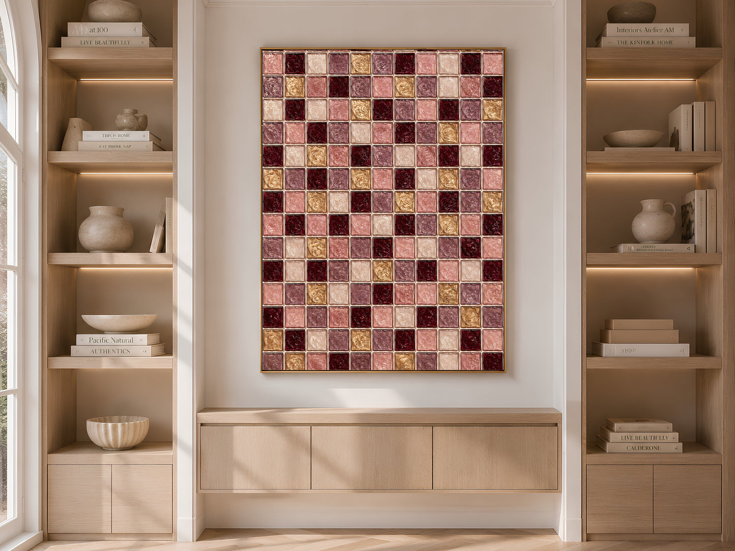 Burgundy gold mosaic tile wall art print displayed above a built-in cabinet between bookshelves