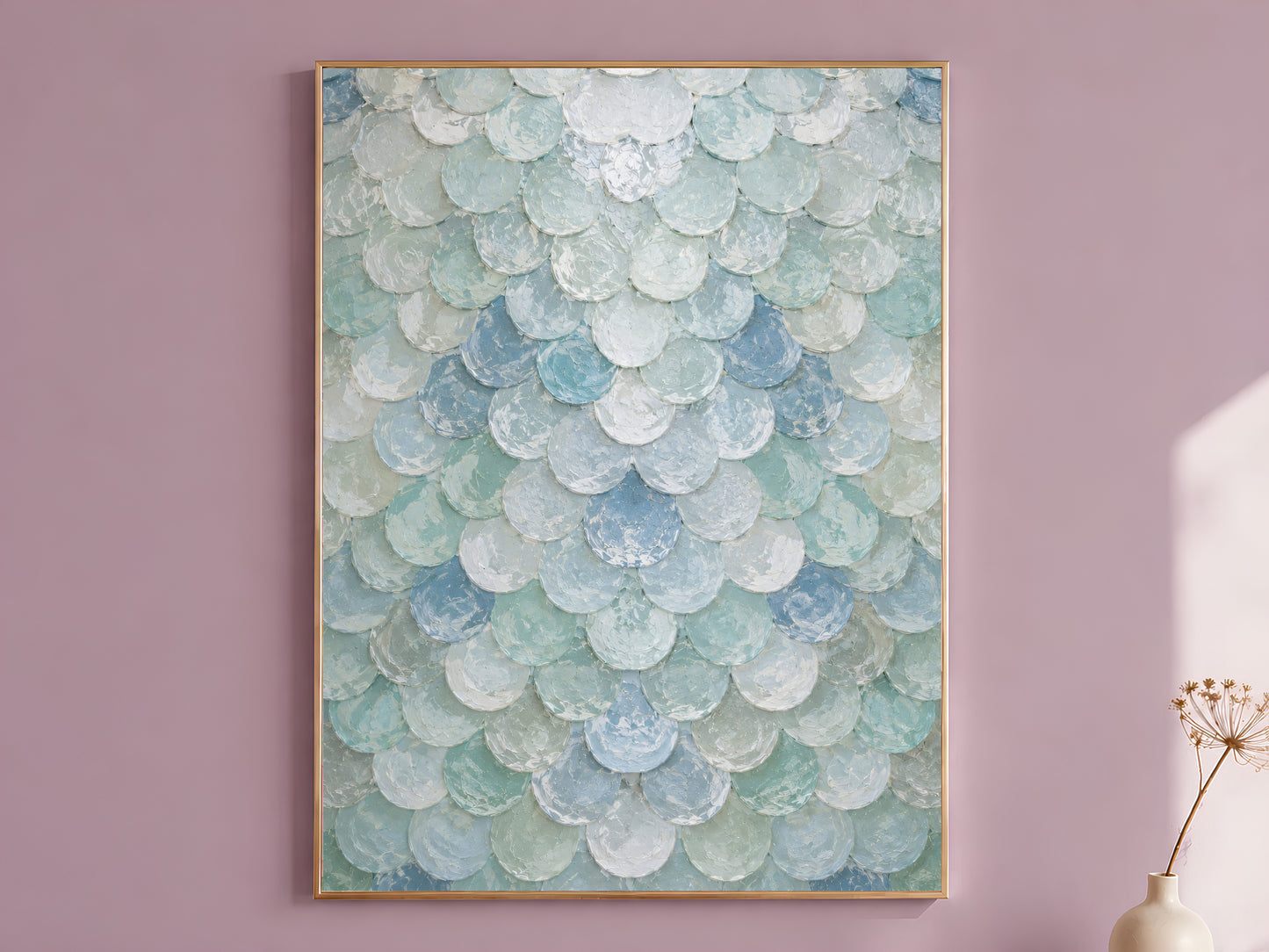 Seafoam capiz shell wall art in gold frame on mauve pink wall with dried flowers
