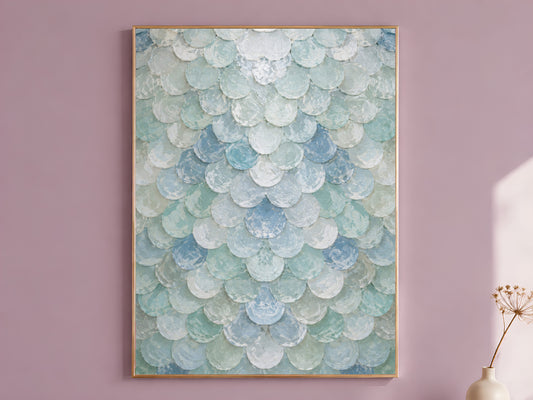 Seafoam capiz shell wall art in gold frame on mauve pink wall with dried flowers
