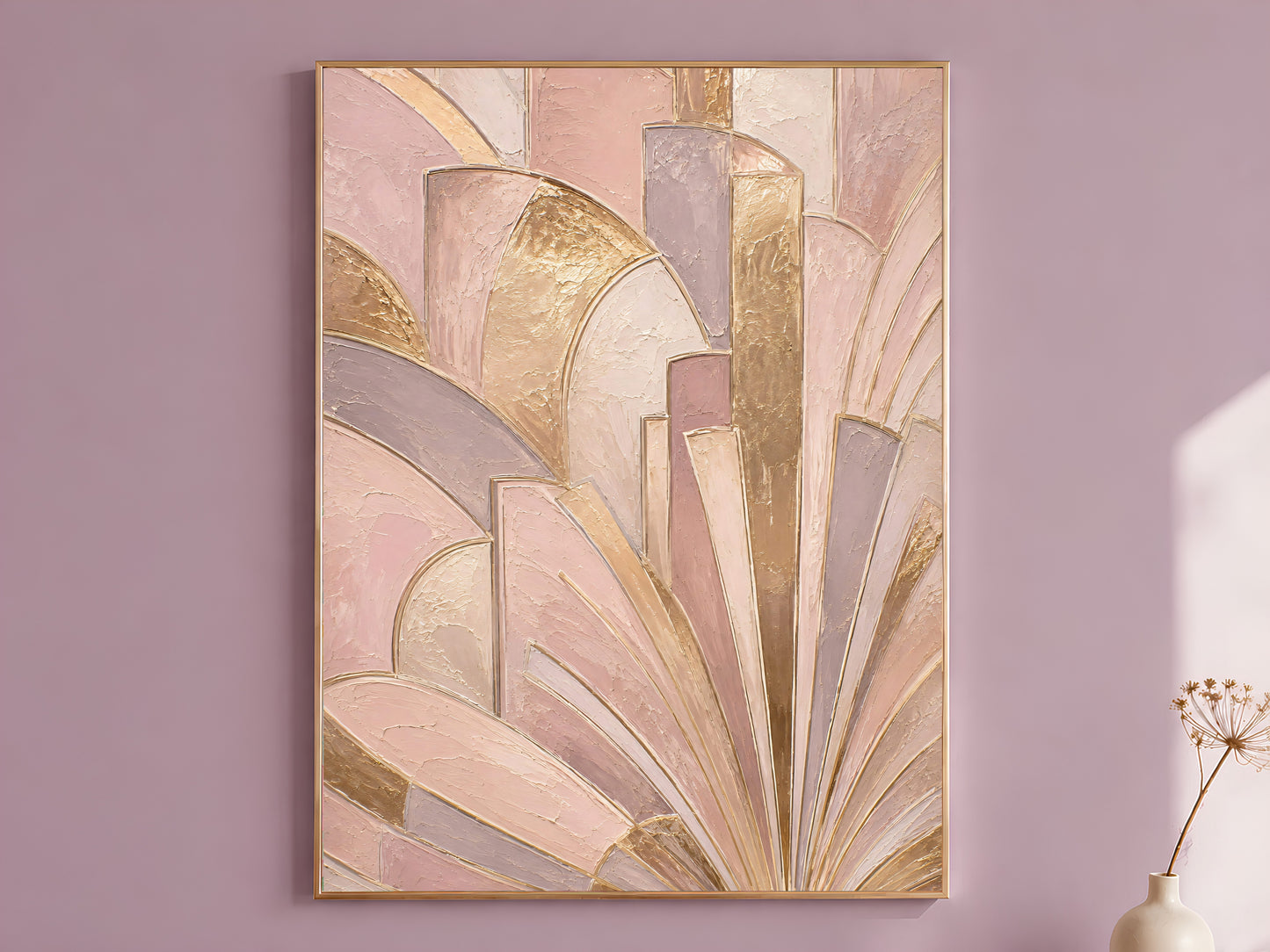 Neo deco wall art print in gold frame on mauve wall, blush pink and gold fan painting
