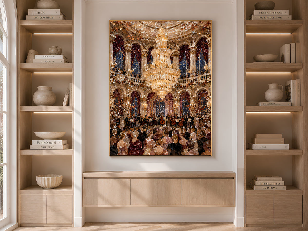 Grand ballroom print framed above a built-in shelving nook with a cream cabinet