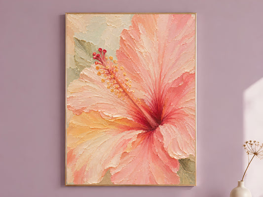 Peach and coral hibiscus oil painting print in a thin gold frame, hanging on a dusty mauve wall
