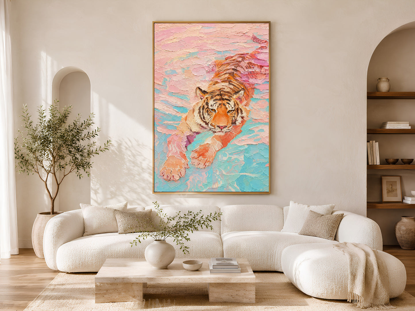 Framed pastel tiger impasto print hung on a wall in a bright Scandinavian living room with rounded cream sofa and arch doorway

