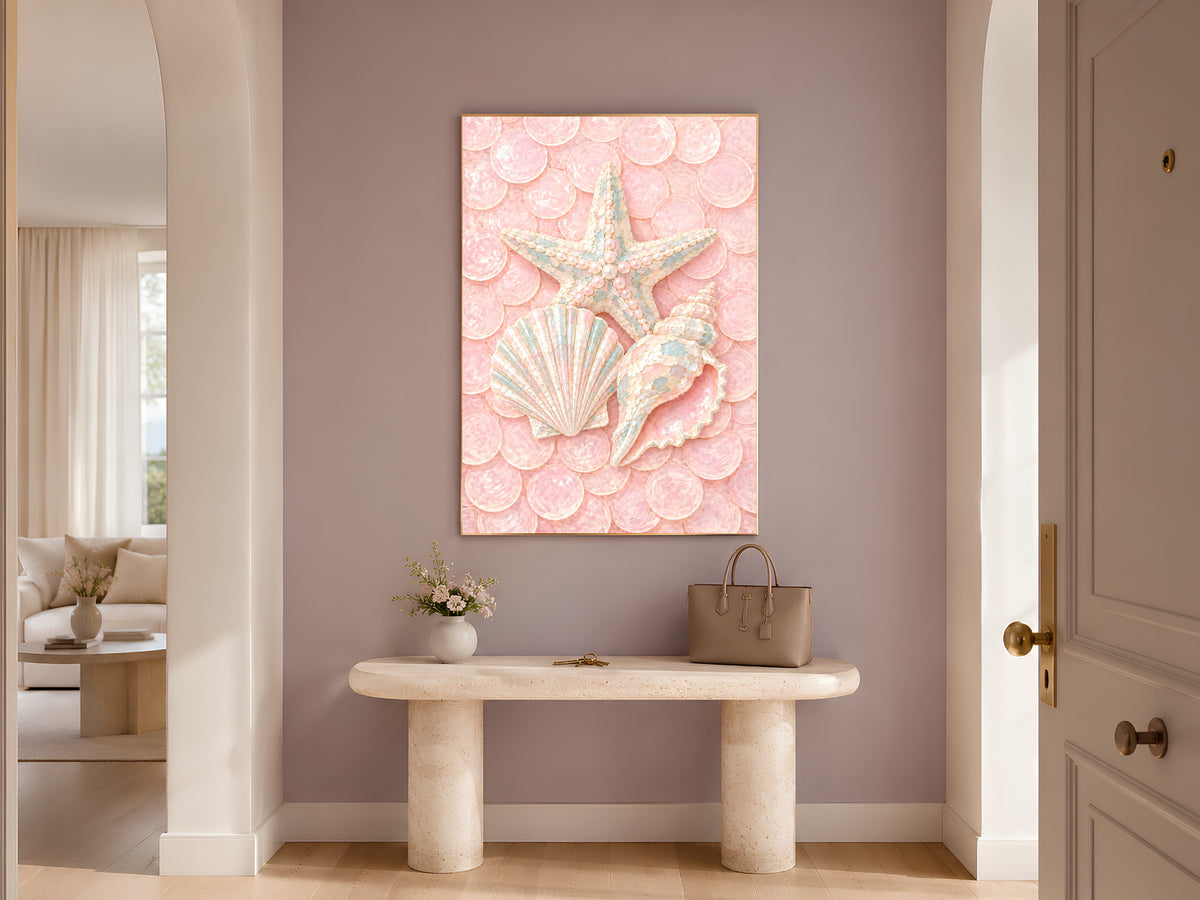 Pink Coastal Seashell Print, Starfish Scallop Conch Wall Art - Digital Download