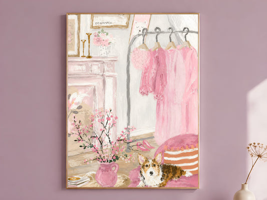 Coquette bedroom wall art in a gold frame above a mauve wall, pink illustration of a garment rack with a corgi dog and cherry blossoms