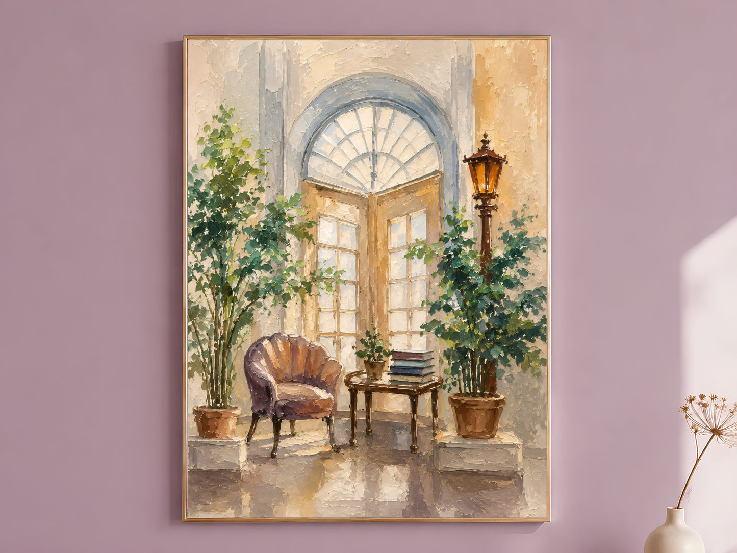 Mediterranean courtyard wall art in a gold frame above a mauve wall, impasto painting of an arched French door with potted plants and a shell-back chair