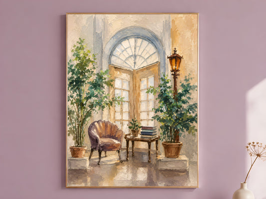 Mediterranean courtyard wall art in a gold frame above a mauve wall, impasto painting of an arched French door with potted plants and a shell-back chair