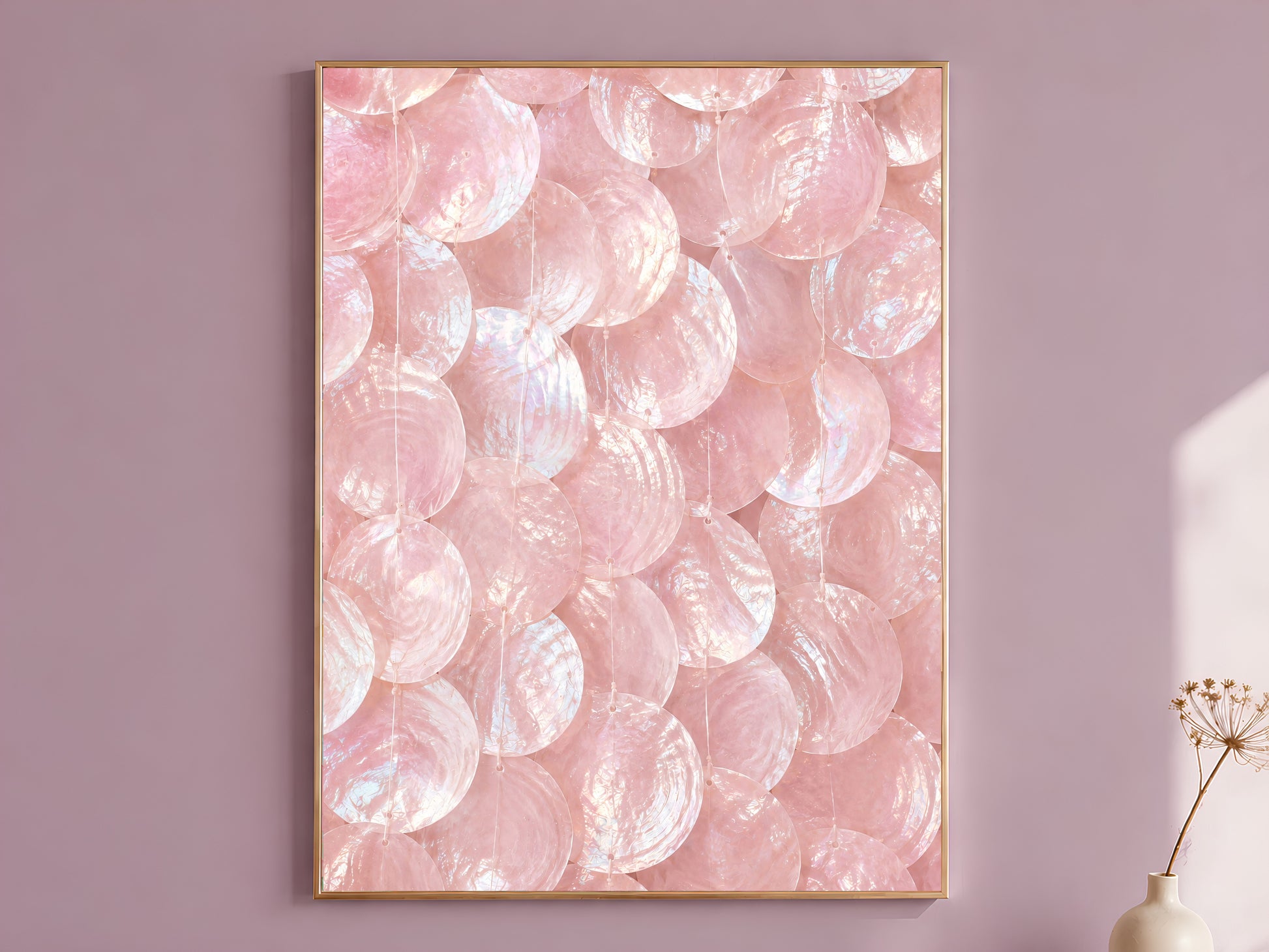 Pink capiz shell wall art print in a gold frame hanging on a dusty mauve wall beside a vase of dried flowers.

