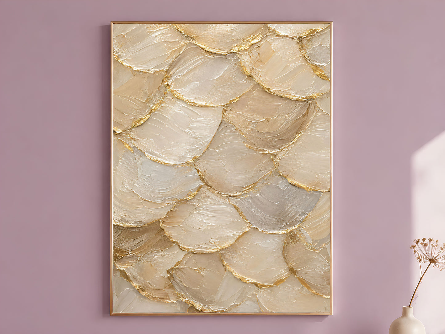 Capiz shell wall art print in ivory and gold hanging in dusty mauve room
