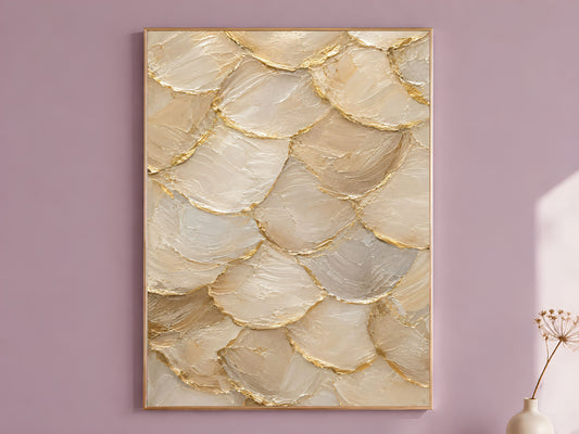 Capiz shell wall art print in ivory and gold hanging in dusty mauve room

