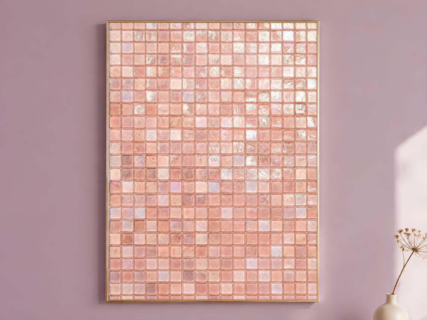 Pink glam wall art in a gold frame above a mauve wall, iridescent mosaic print with blush and pearl shimmer texture