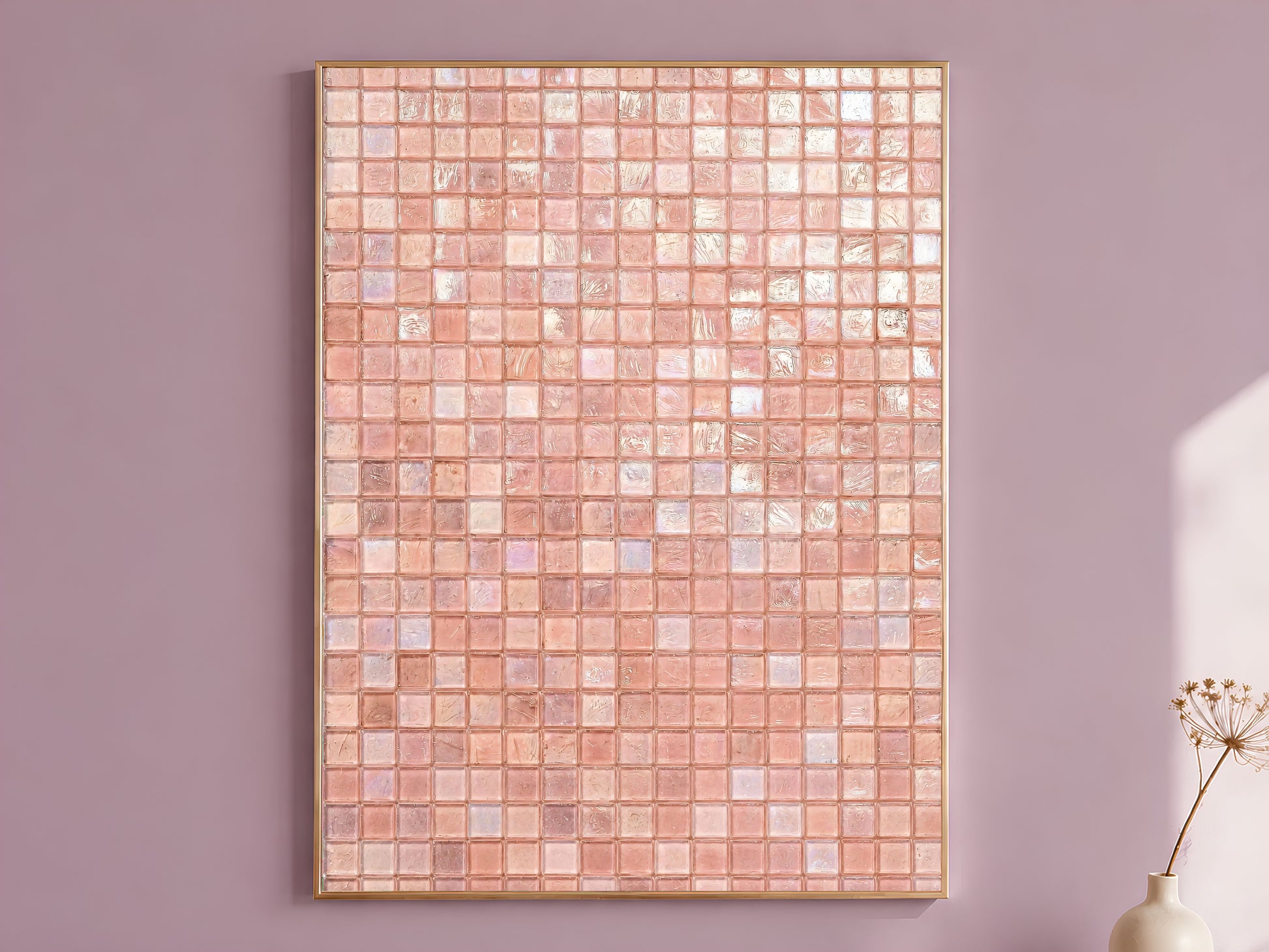 Pink glam wall art in a gold frame above a mauve wall, iridescent mosaic print with blush and pearl shimmer texture