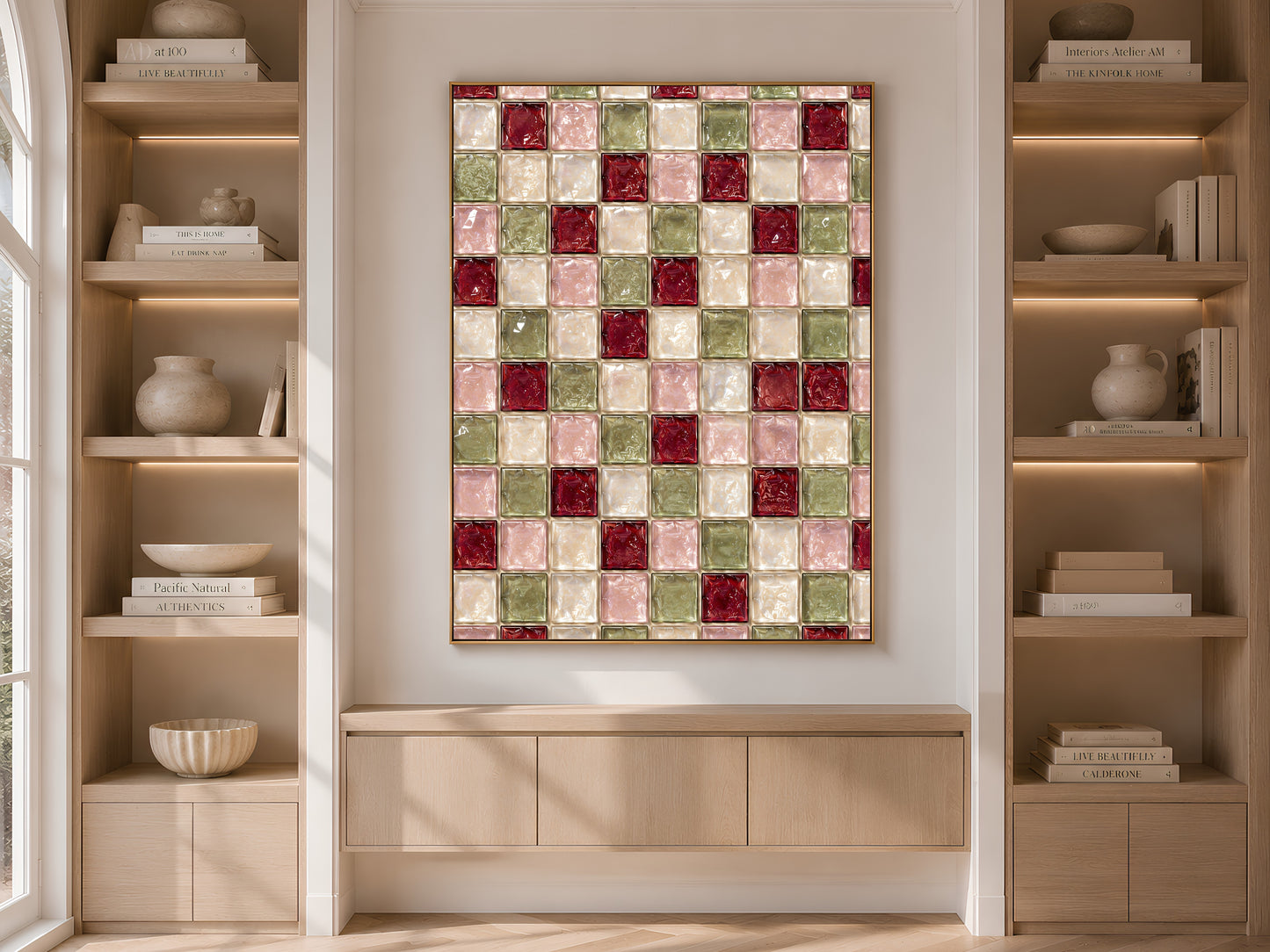 Christmas Mosaic Wall Art, Red Green Glass Tile Print - Digital Download