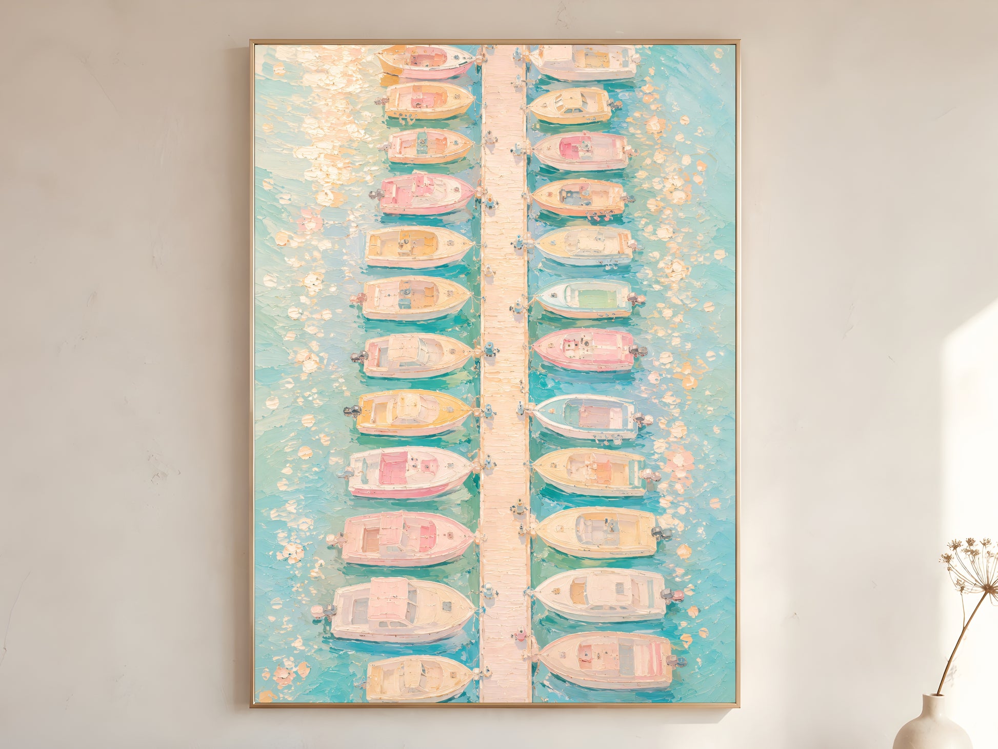 Pastel aerial marina boat oil painting in gold frame leaning against a white wall with dried florals