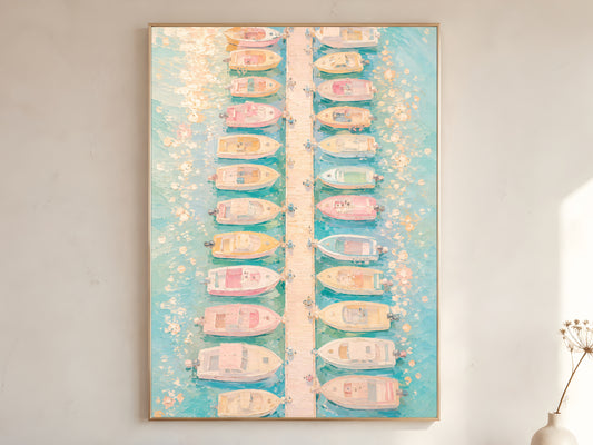 Pastel aerial marina boat oil painting in gold frame leaning against a white wall with dried florals