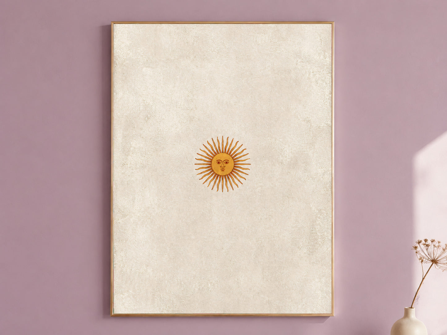 Vintage sun face wall art print, gold celestial medallion on neutral limewash background, minimalist tarot sun digital download