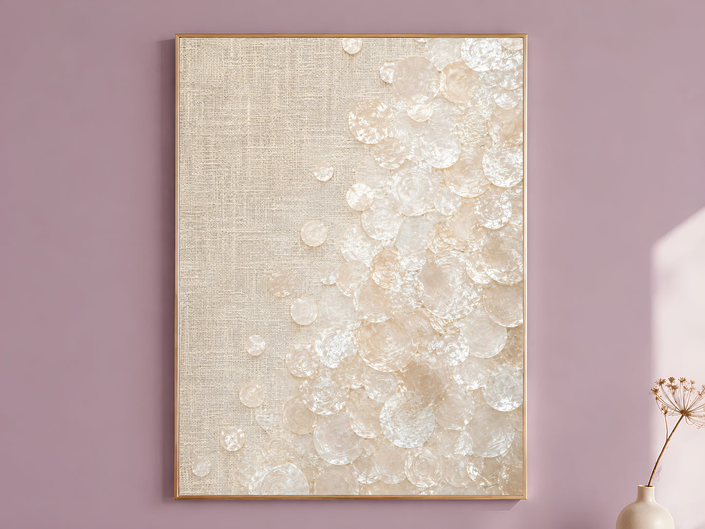 Featured — Framed capiz shell wall art print on linen texture hanging on a mauve wall
