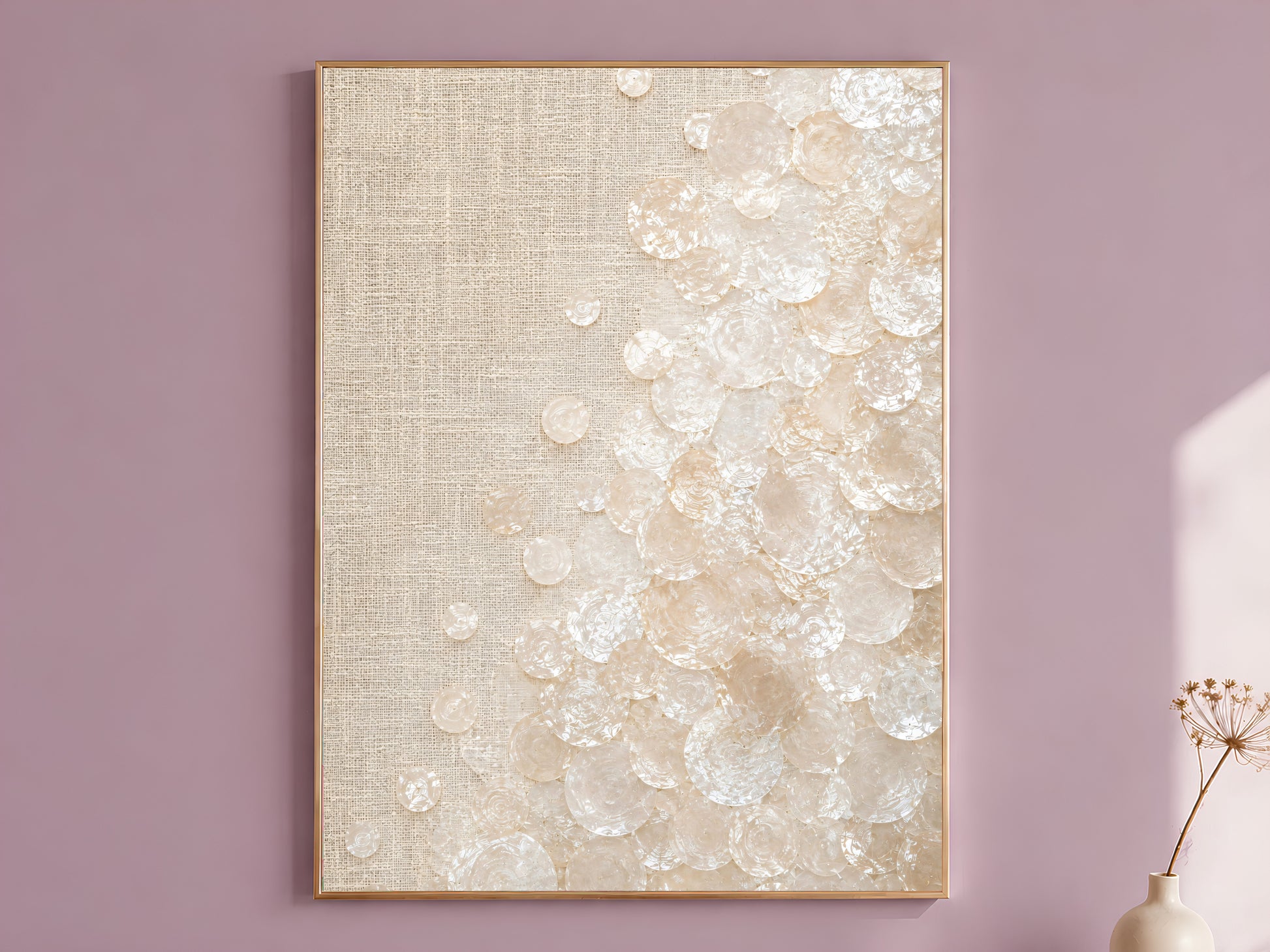 Featured — Framed capiz shell wall art print on linen texture hanging on a mauve wall
