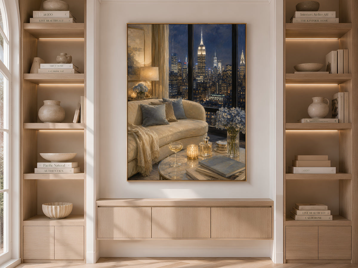 NYC Penthouse View Wall Art, Navy Blue City Skyline Print - Digital Download