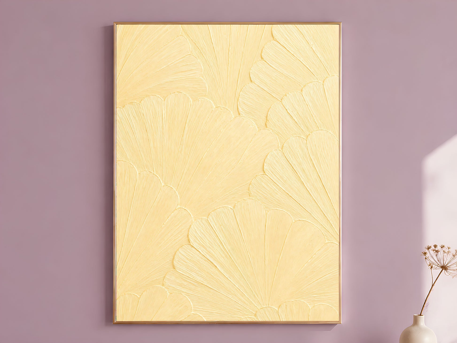 Butter yellow scallop mosaic print in a thin gold frame against a mauve wall with dried flowers, kitchen wall art